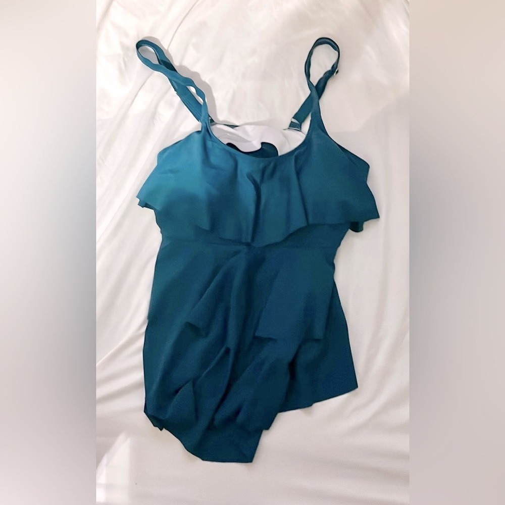 Teal Layered Ruffle Women's Swim Top; TOP ONLY